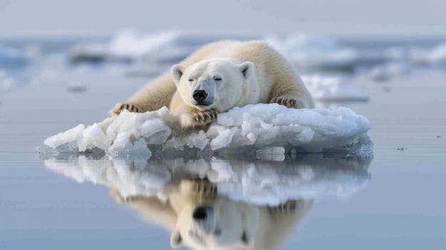 Spokojny, ale ponury obraz niedźwiedzia polarnego spoczywającego na małym kawałku pływającego lodu.