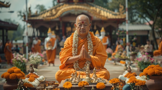 Spokojny buddyjski mnich medytujący podczas ceremonii w świątyni