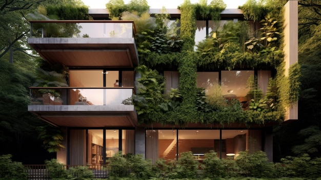 Spokojny budynek mieszkalny z płaskim dachem i zielenią generowaną przez sztuczną inteligencję
