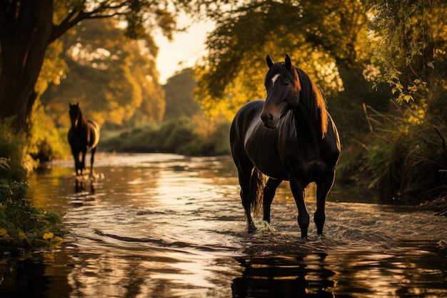 Spokojny Czarny Koń pod drzewem w Campestre zmierzchu generatywny IA