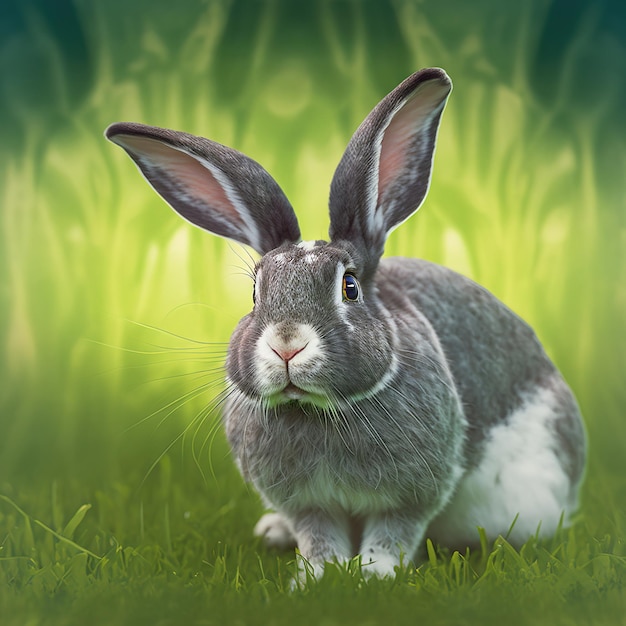 Spokojny Easter Checkered Giant królik portret całe ciało siedzi w zielonym polu