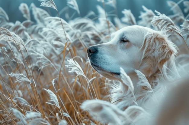 Spokojny golden retriever cieszy się wietrznym dniem na wymarzonym polu z wysoką trawą