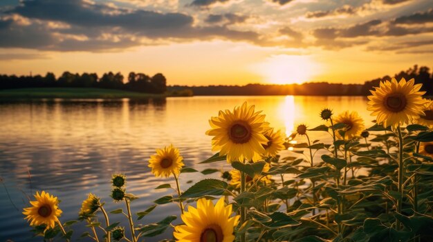 Spokojny i kolorowy widok jeziora i żółtych kwiatów