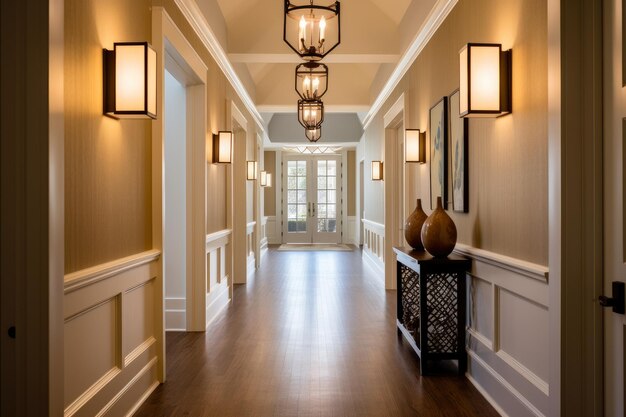 Zdjęcie spokojny i przyjemny beżowy korytarz z obfitymi naturalnymi światłami stylowy minimalistyczny dekor