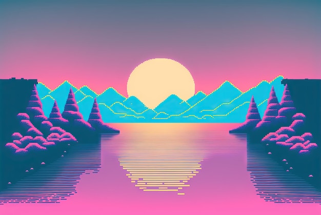 Spokojny i relaksujący krajobraz z górami w stylu vaporwave Różowy i niebieski widok w stylu lat 90. Wygenerowana sztuczna inteligencja