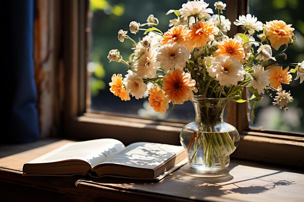 Spokojny kącik do czytania, wazon z kwiatami i parapet w stylizowanej harmonii