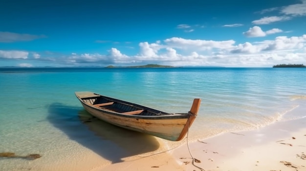 Spokojny kajak na tropikalnej piaszczystej plaży Z bliska obraz łodzi generatywnej Ai