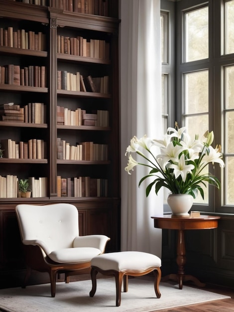 Spokojny kąt biblioteki z białymi liliami ozdabiającymi półki