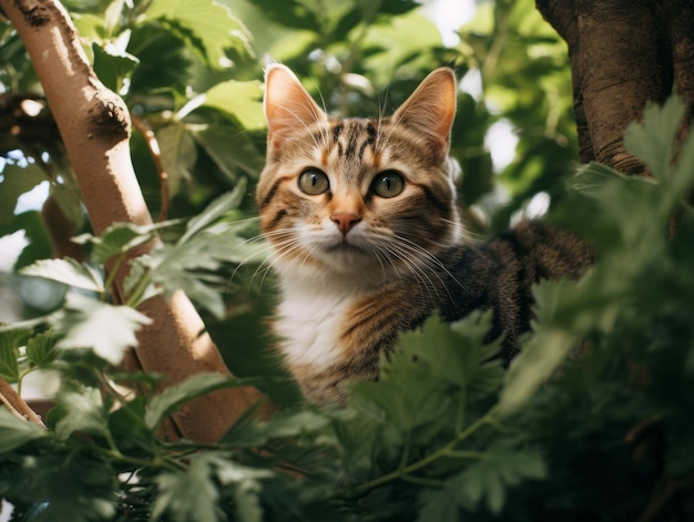 spokojny kot spoczywający na gałęzi drzewa otoczony bujnymi liśćmi