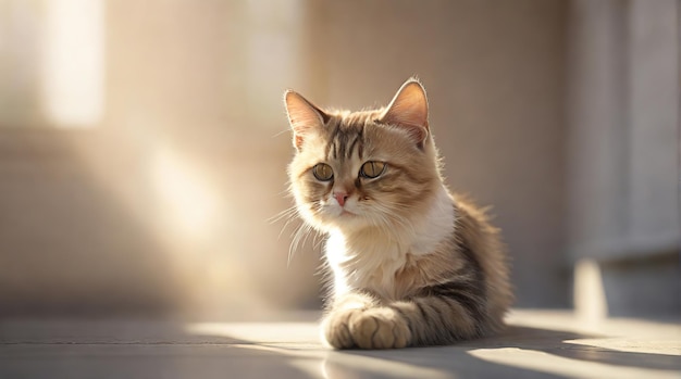 Spokojny kotek siedzi kąpany w miękkim świetle słonecznym, jego puszysty futro i uważne spojrzenie dają poczucie cichej kontemplacji w spokojnym środowisku.