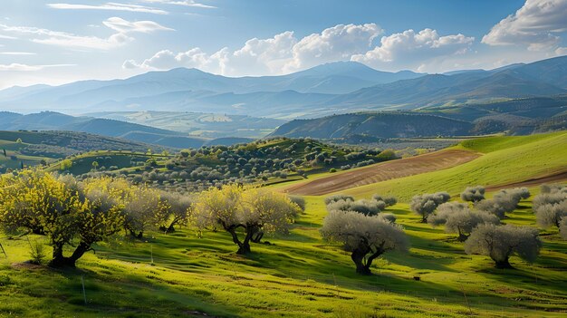 Spokojny krajobraz bujne zielone pola drzewa oliwne wzgórza pod jasnym niebem przyrody piękno uchwycone na zdjęciu idealne do sztuki na ścianie lub cyfrowego użycia AI