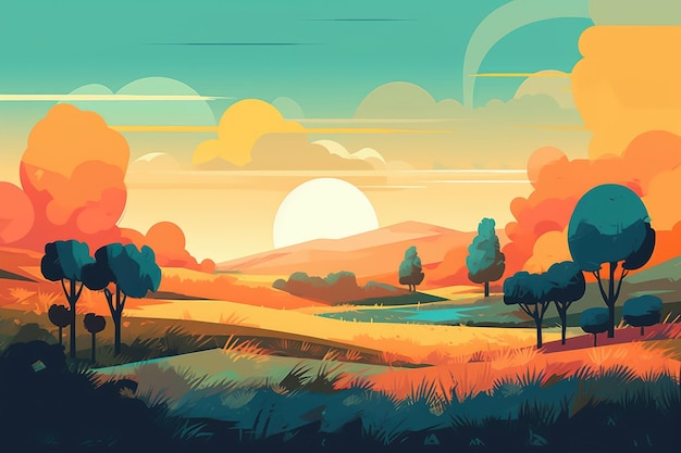 Spokojny krajobraz gór i wzgórz przedstawiony na minimalistycznej ilustracji Miękkie i stonowane kolory