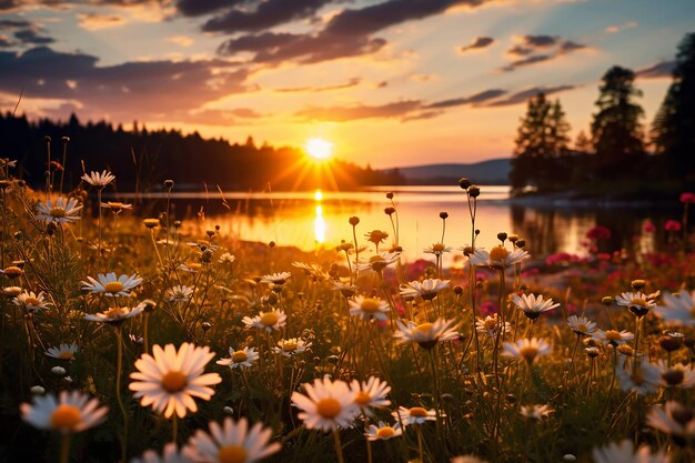 Spokojny krajobraz łąki z dzikimi kwiatami pod wieczornym słońcem