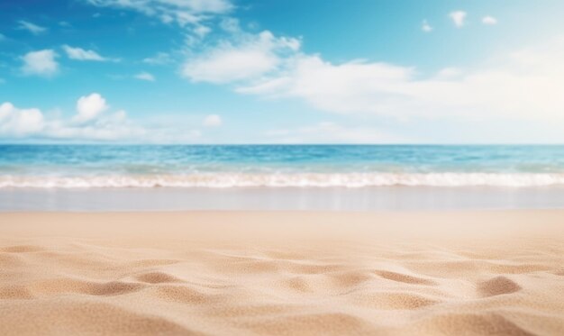 Spokojny krajobraz plaży z błyszczącymi piaskami, delikatnymi falami oceanu i rozległym, oświetlonym słońcem błękitnym niebem, generującym sztuczną inteligencję