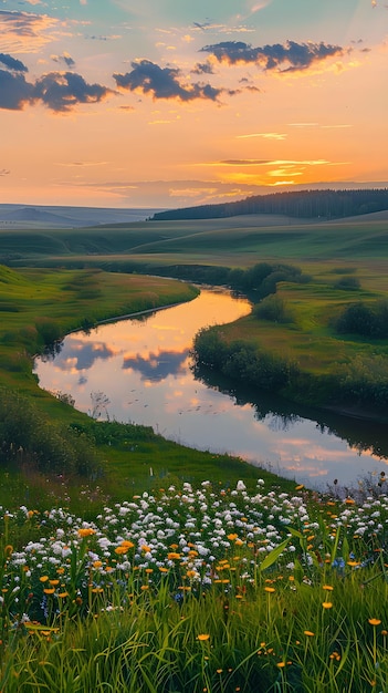 Zdjęcie spokojny krajobraz wiejski z rzeką i dzikimi kwiatami przy zachodzie słońca