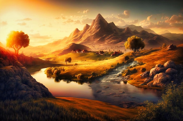 Spokojny krajobraz z falistymi wzgórzami skąpanymi w ciepłym świetle zachodzącego słońca