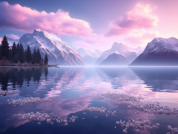 Spokojny krajobraz z górami, jeziorem i kwiatami Różowo-fioletowe kolory