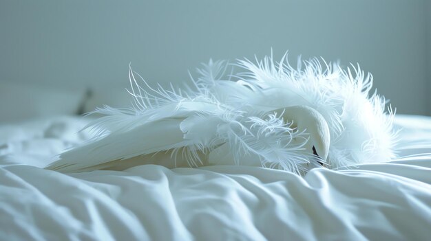 Zdjęcie spokojny łabędź śpi spokojnie na miękkim białym łóżku.
