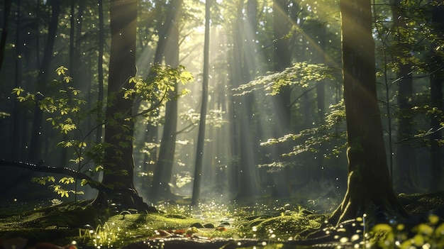 Spokojny las z rozpiętymi promieniami słonecznymi, ilustracja wygenerowana przez sztuczną inteligencję