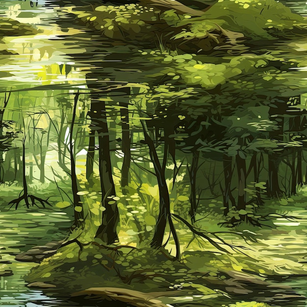 Spokojny lasowy strumień płynący przez oświetlone przez słońce łąki