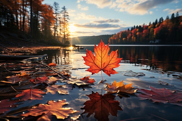 Spokojny leśny liść klonu unosi się w żywych jesiennych kolorach, odzwierciedlając niebo