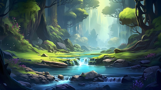 Spokojny leśny strumień ze skałami i drzewami Urzekająca ilustracja kreskówkowa ulepszona przez generatywną sztuczną inteligencję