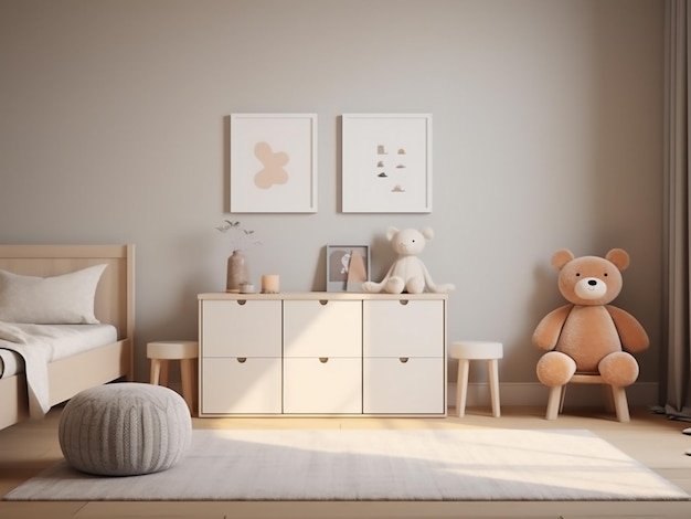 Spokojny, minimalistyczny pokój dziecięcy z nowoczesnymi meblami AI Generation