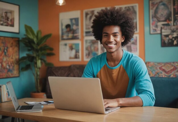 Spokojny młody człowiek z afro fryzurą pracuje na laptopie w domu kolorowy pokój i jego przyjemny