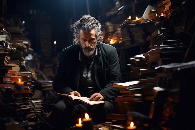 Zdjęcie spokojny moment w bibliotece mężczyzna głęboko zaangażowany w czytanie książki generative ai