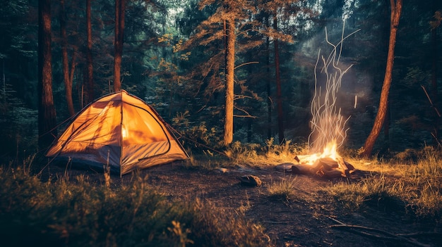 Zdjęcie spokojny nocny kemping w spokojnym lesie z namiotem i ogniem pod gwiezdnym nocnym niebem