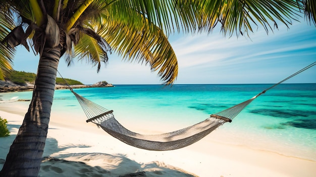 Spokojny obraz hamaka na nieskazitelnej plaży, przywołujący poczucie spokoju i błogiej przyjemności tropikalnego raju