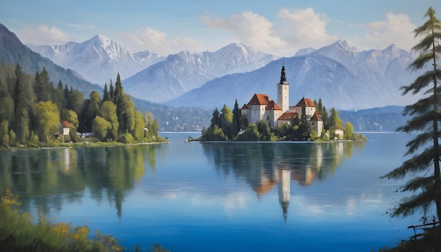Spokojny obraz olejowy jeziora Bled położonego w Alpach Julijskich w Słowenii