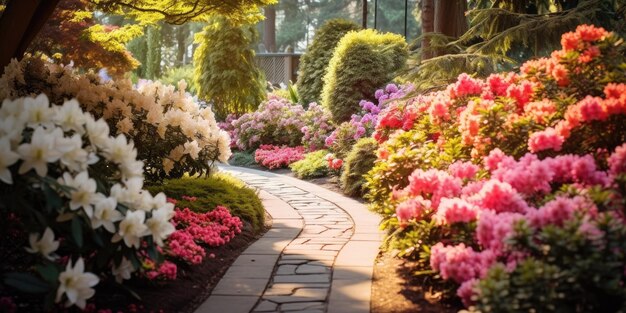 Spokojny ogród, gdzie kolorowe kwiaty kwitną w obfitości Dziel się zapachami i dźwiękami, które wypełniają