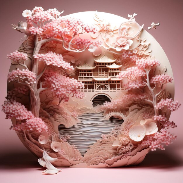 spokojny ogród japoński w szczegółowej papierowej rzeźbie
