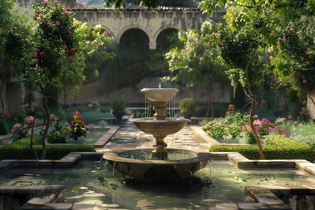 Spokojny ogród klasztorny z spokojnymi fontannami