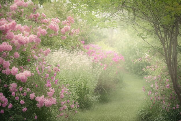 Spokojny ogród ozdobiony pastelowymi kwiatami