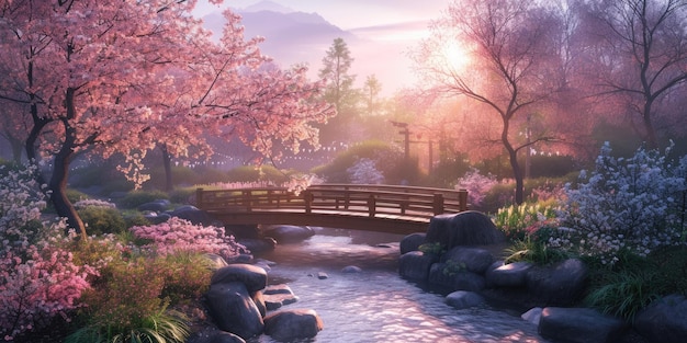 Spokojny ogród Zen o wschodzie słońca z delikatnie płynącym strumieniem