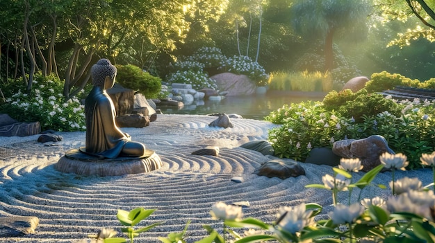 Spokojny ogród zen o wschodzie słońca