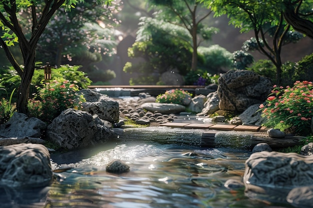 Spokojny ogród zen z płynącym strumieniem oktanu r