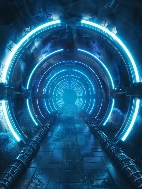 Spokojny, oświetlony korytarz z spokojną, świecącą niebieską atmosferą tworzoną przez pulsujące pierścienie neonowe, które zaprasza widzów do wejścia w sferę futurystycznych cudów