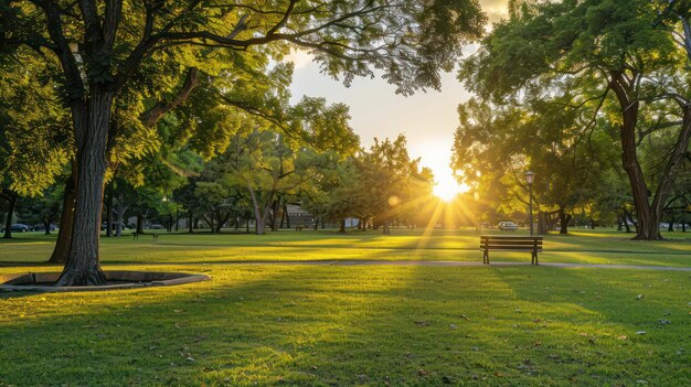 Zdjęcie spokojny park z zachodem słońca w kolorze tęczy w tle tworzący spokojną atmosferę