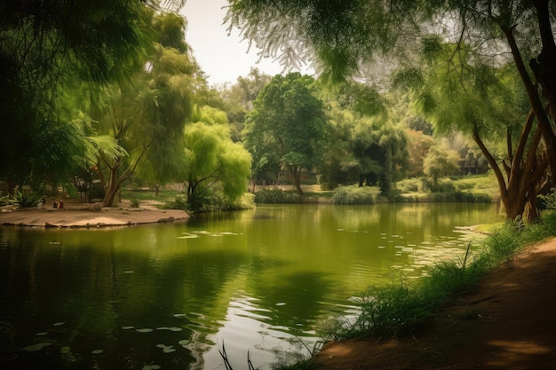 Spokojny park ze spokojnym stawem i zielenią idealne miejsce na odpoczynek