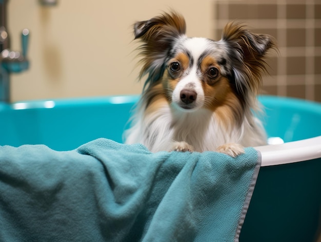 Spokojny pies korzystający z masażu w spa dla zwierząt