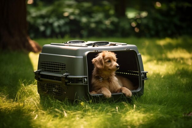 Spokojny pies w nosicielu na zielonej trawie Generatywna sztuczna inteligencja