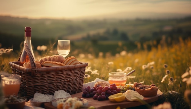 Spokojny piknik na łące ze świeżym winem owocowym i relaksem generowanym przez sztuczną inteligencję