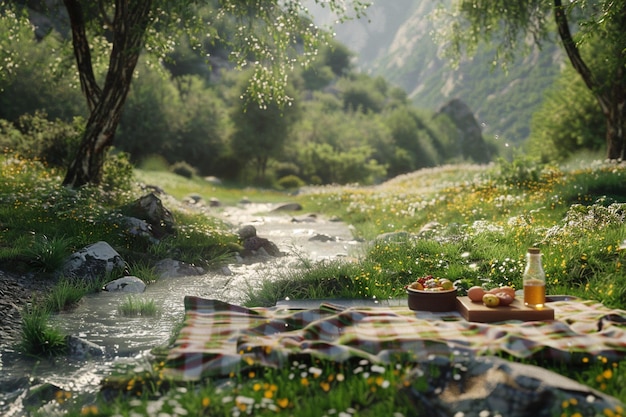 Spokojny piknik na wsi przy brzęczącym strumieniu.