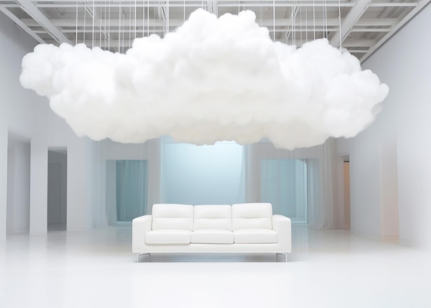 Spokojny pokój ozdobiony białym kolorem biała kanapa i białe puszyste chmury zawieszone na suficie
