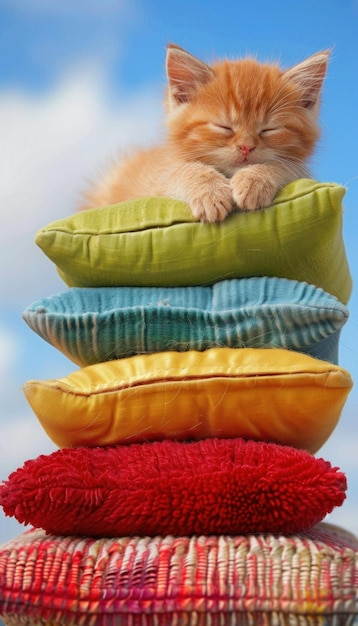 Spokojny pomarańczowy kotek śpiący na kolorowych poduszkach
