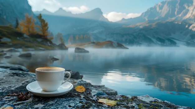 Spokojny poranek nad jeziorem z parzącą filiżanką kawy nad wodą i widokiem na góry
