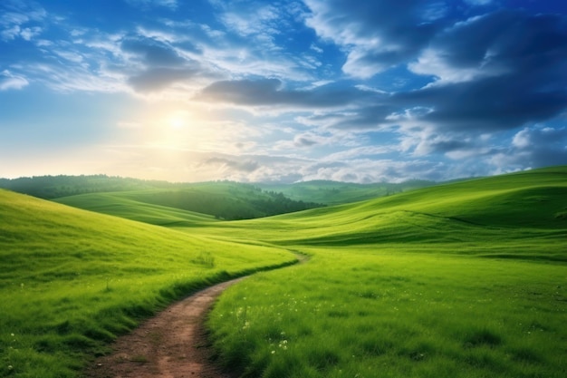 Spokojny poranny spacer krętą ścieżką przez zielone wzgórze